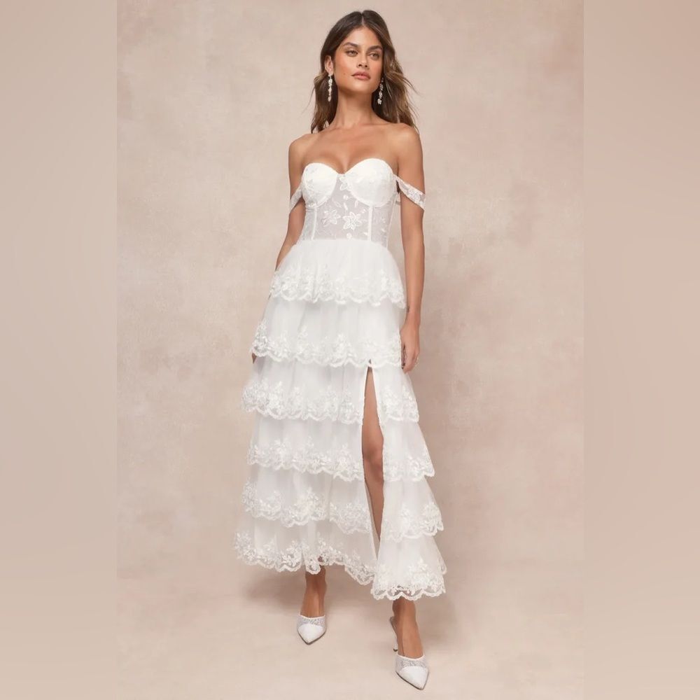 Lulus Luxe Beauty White Embroidered Tiered Off-the-Shoulder Dress